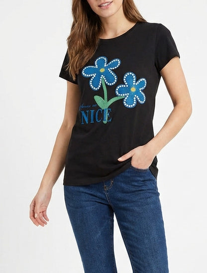 T-shirt à strass et fleurs - Noir