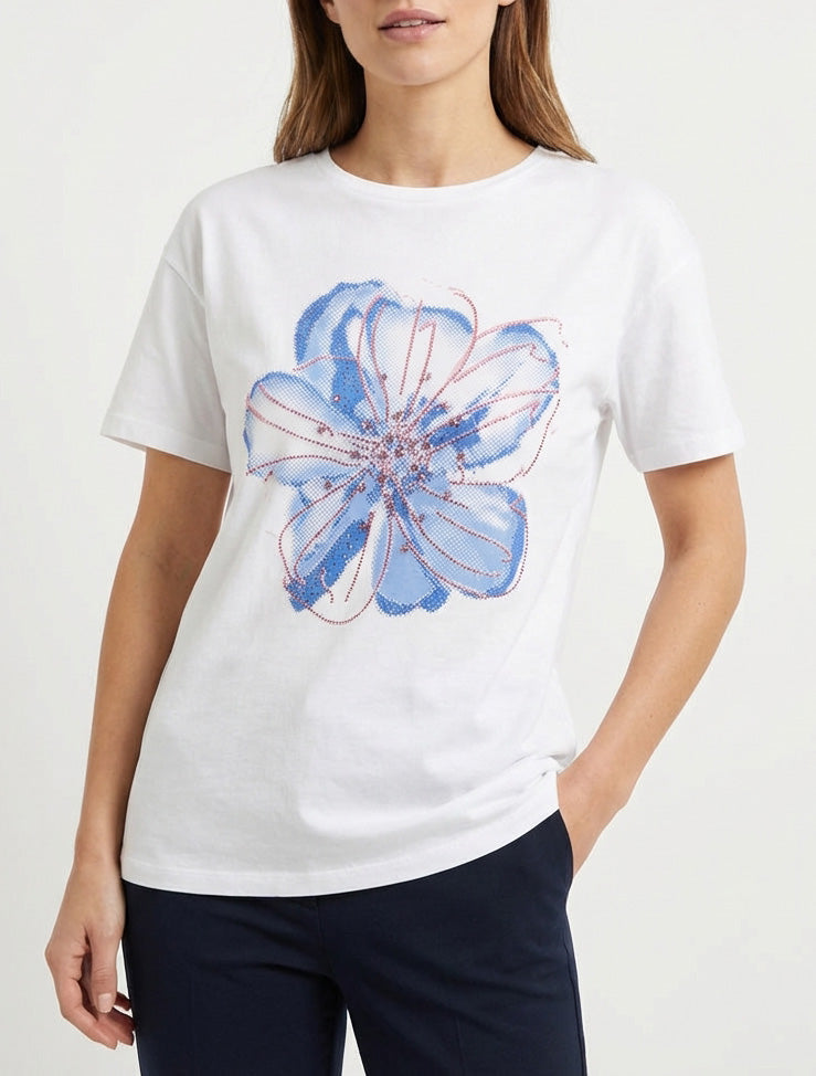 T-shirt à motif fleur et strass - Blanc
