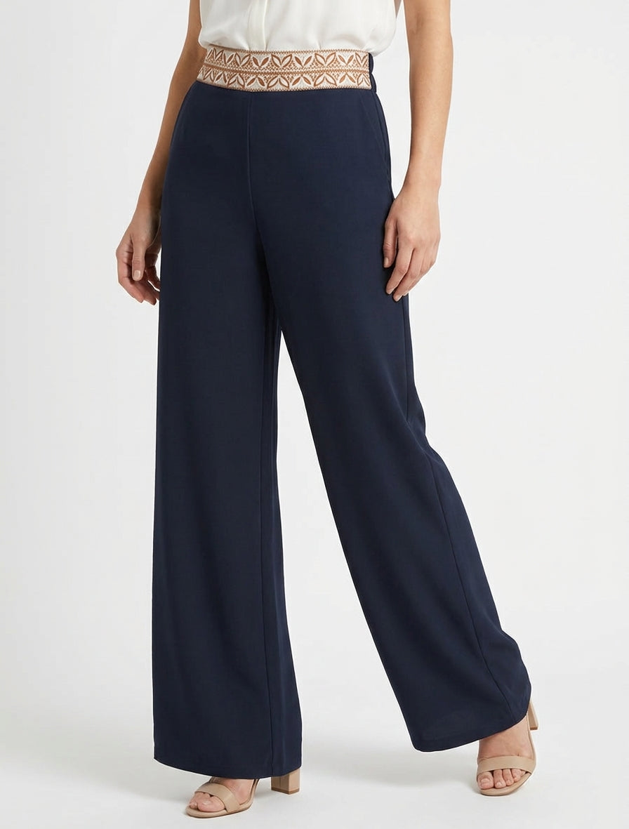 Pantalon fluide unie à taille haute - Marine