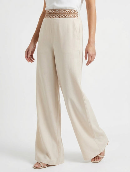 Pantalon fluide unie à taille haute - Beige