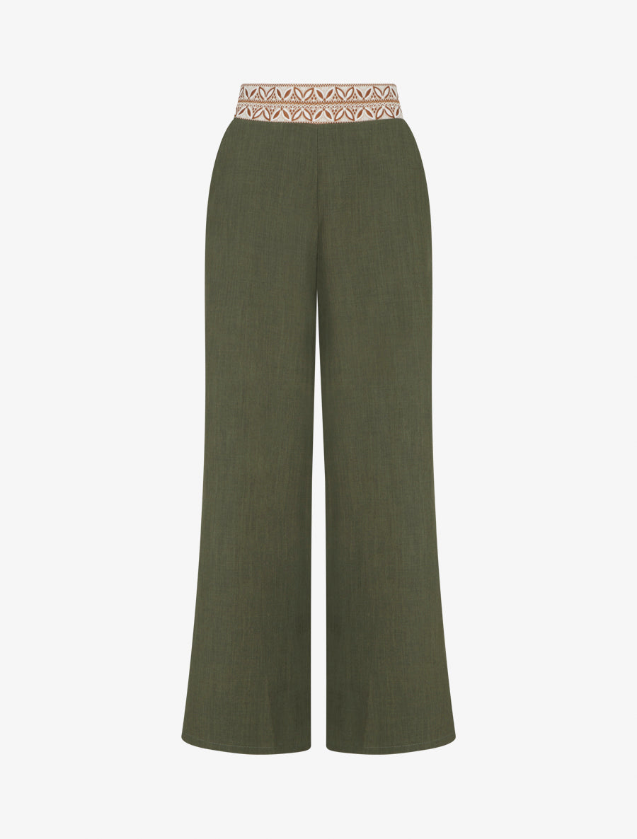 Pantalon fluide unie à taille haute - Kaki - 1