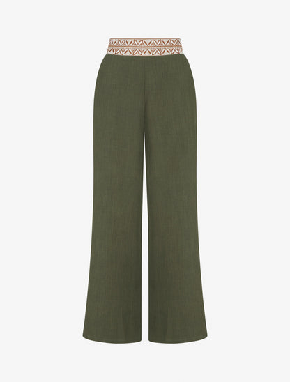 Pantalon fluide unie à taille haute - Kaki - 1