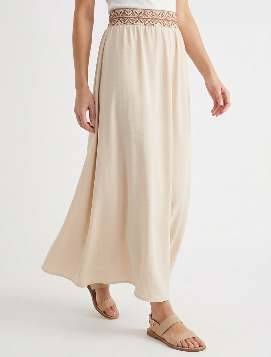 Jupe fluide longue à bande imprimé - Beige