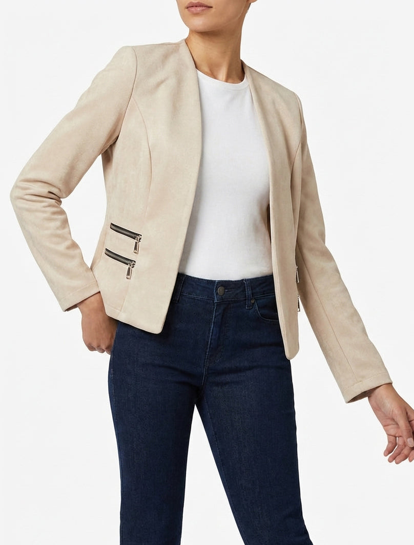 Veste en suédine à poches décoratives zippées - Beige