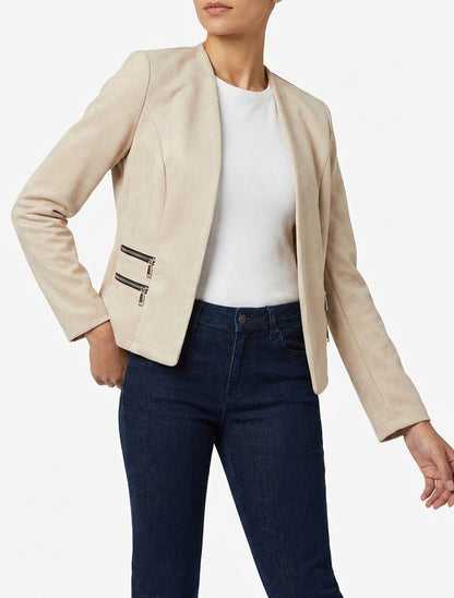 Veste en suédine à poches décoratives zippées - Beige