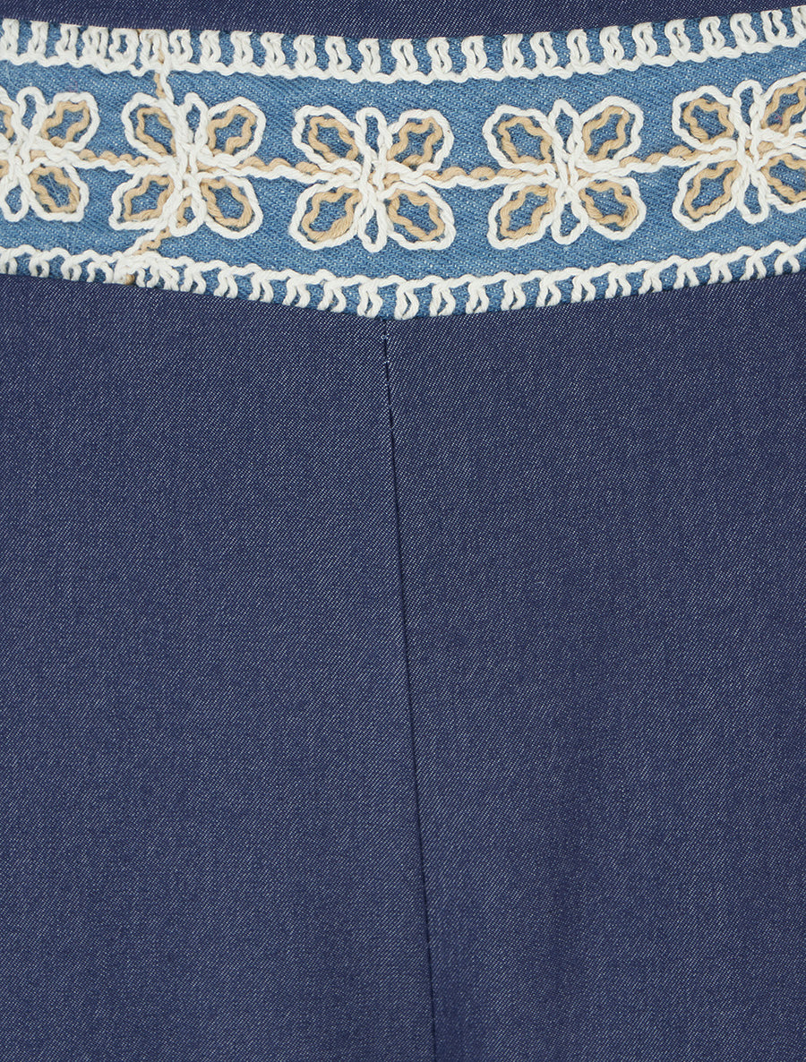 Pantalon fluide unie à bande brodée - Marine - 3