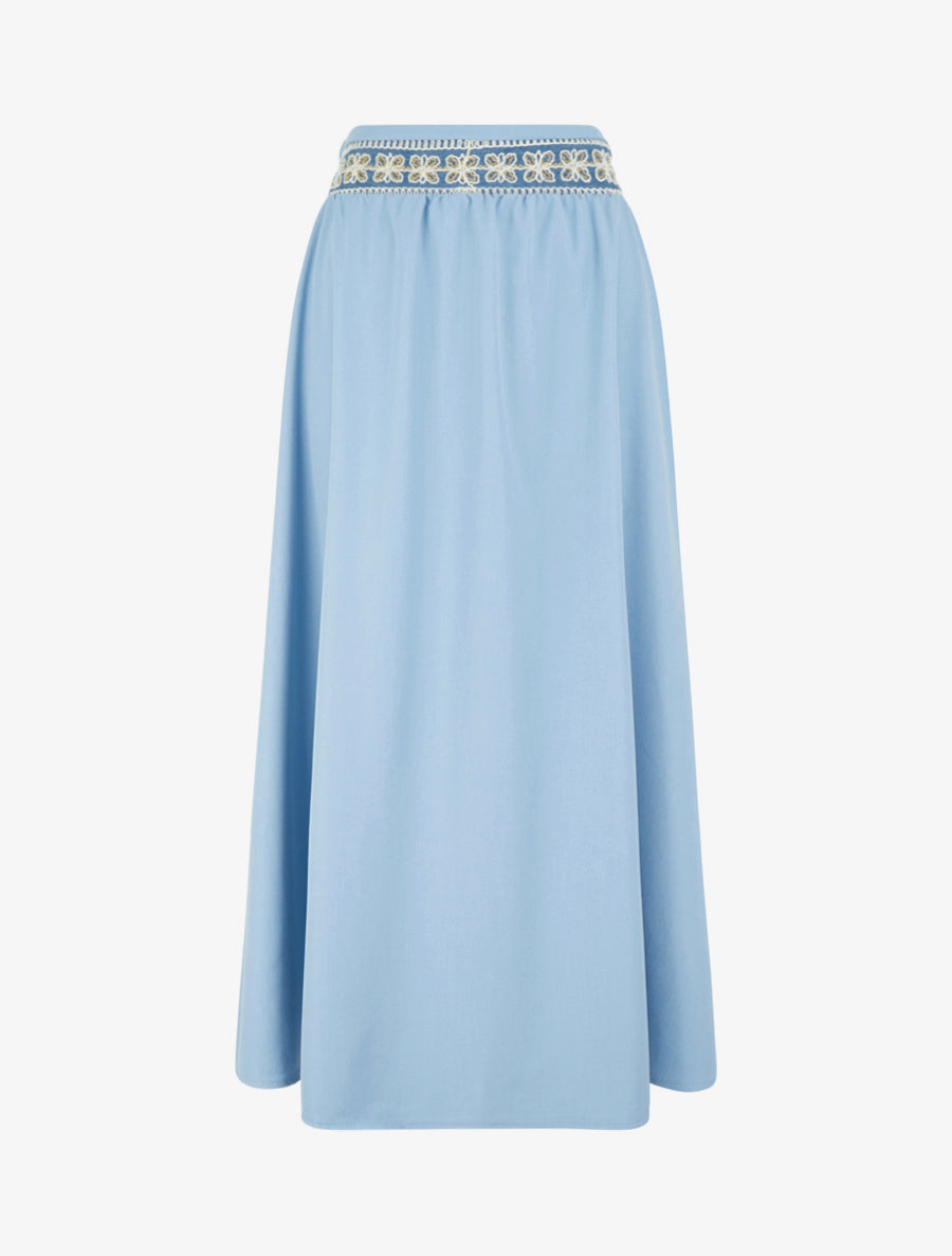 Jupe longue unie à bande brodée - Bleu ciel - 1