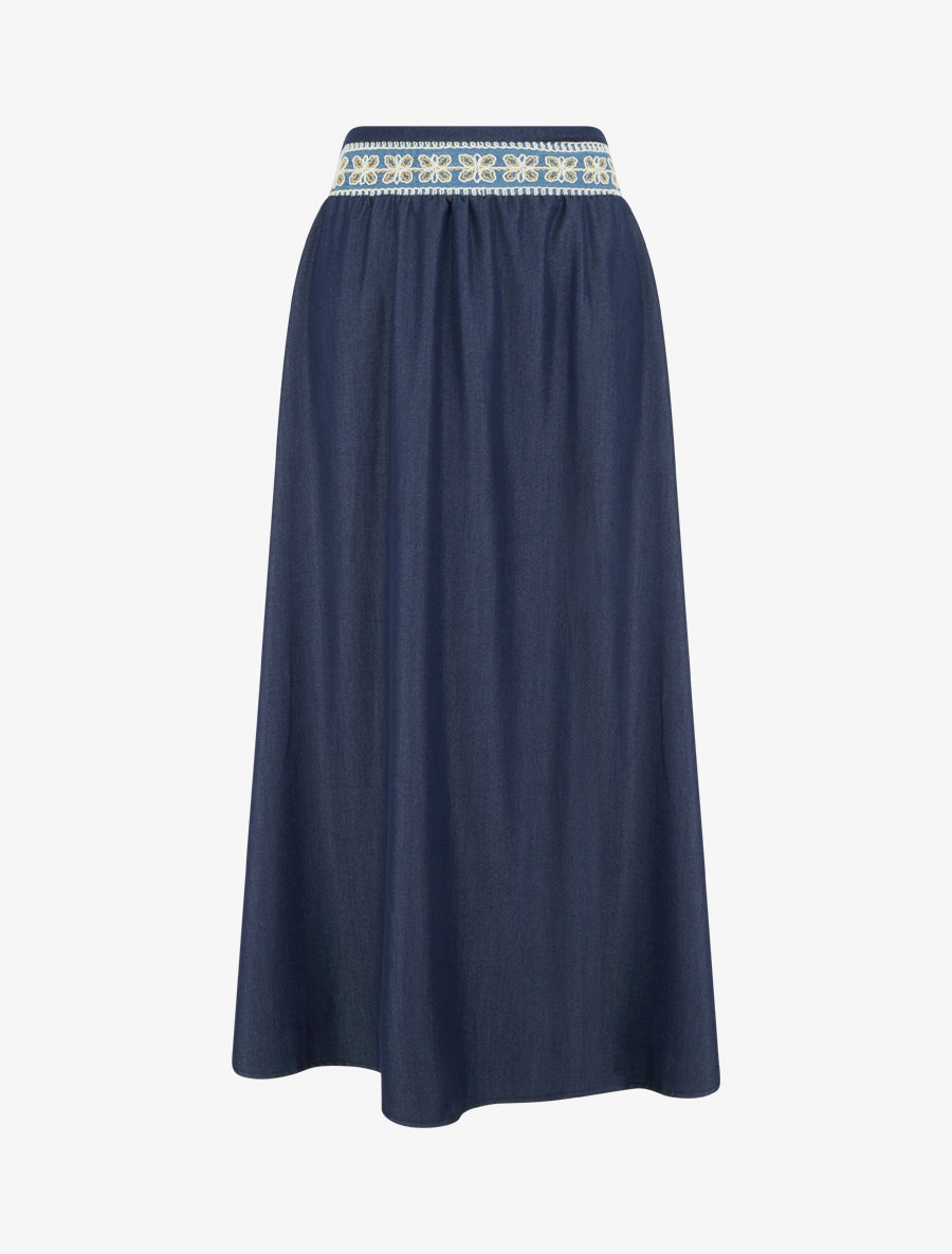 Jupe longue unie à bande brodée - Marine - 1