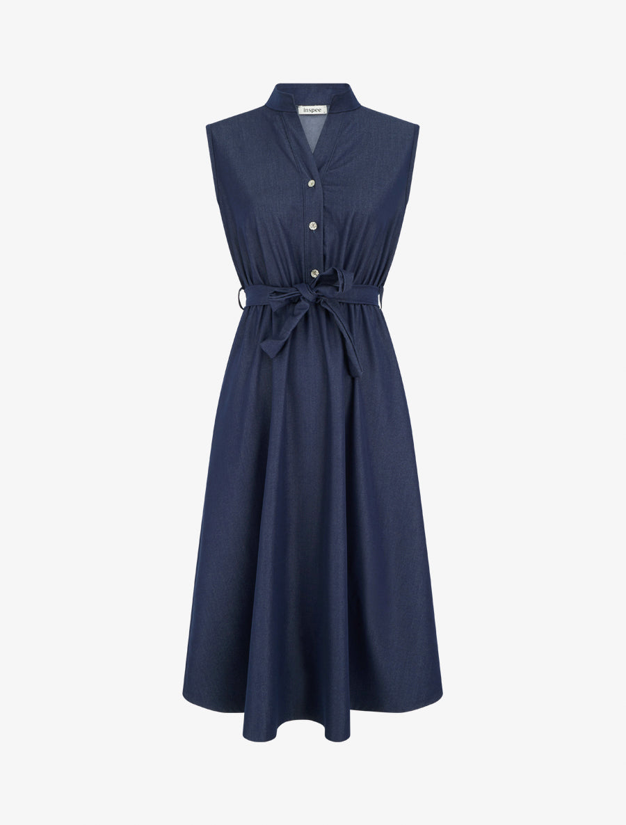 Robe unie élastiquée à buste boutonné - Bleu brut - 1