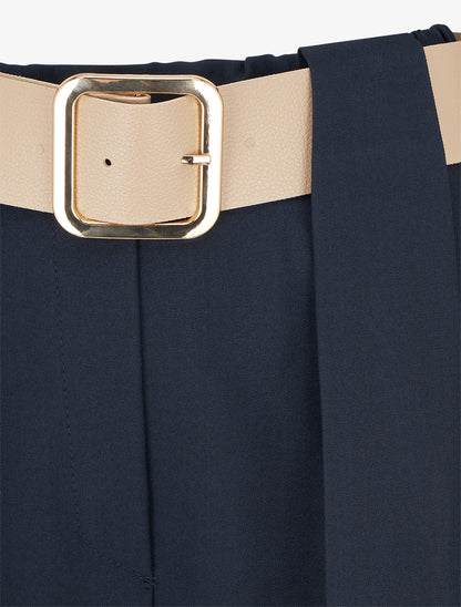 Pantalon uni à passant stylisé - Marine - 3