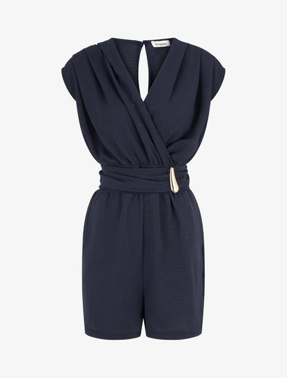 Combishort uni à empiècement bijou à la taille - Marine - 1