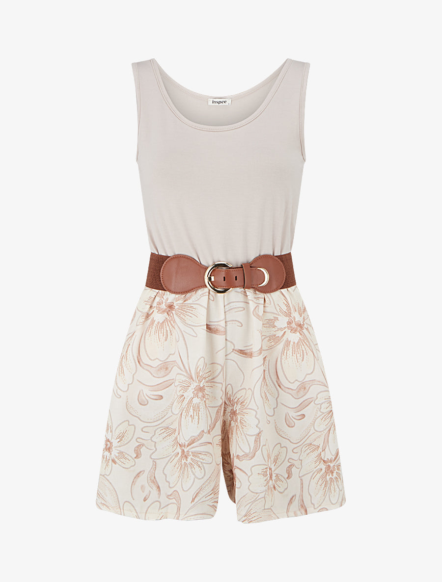 Combishort ceinturé à imprimé floral - Taupe - 1