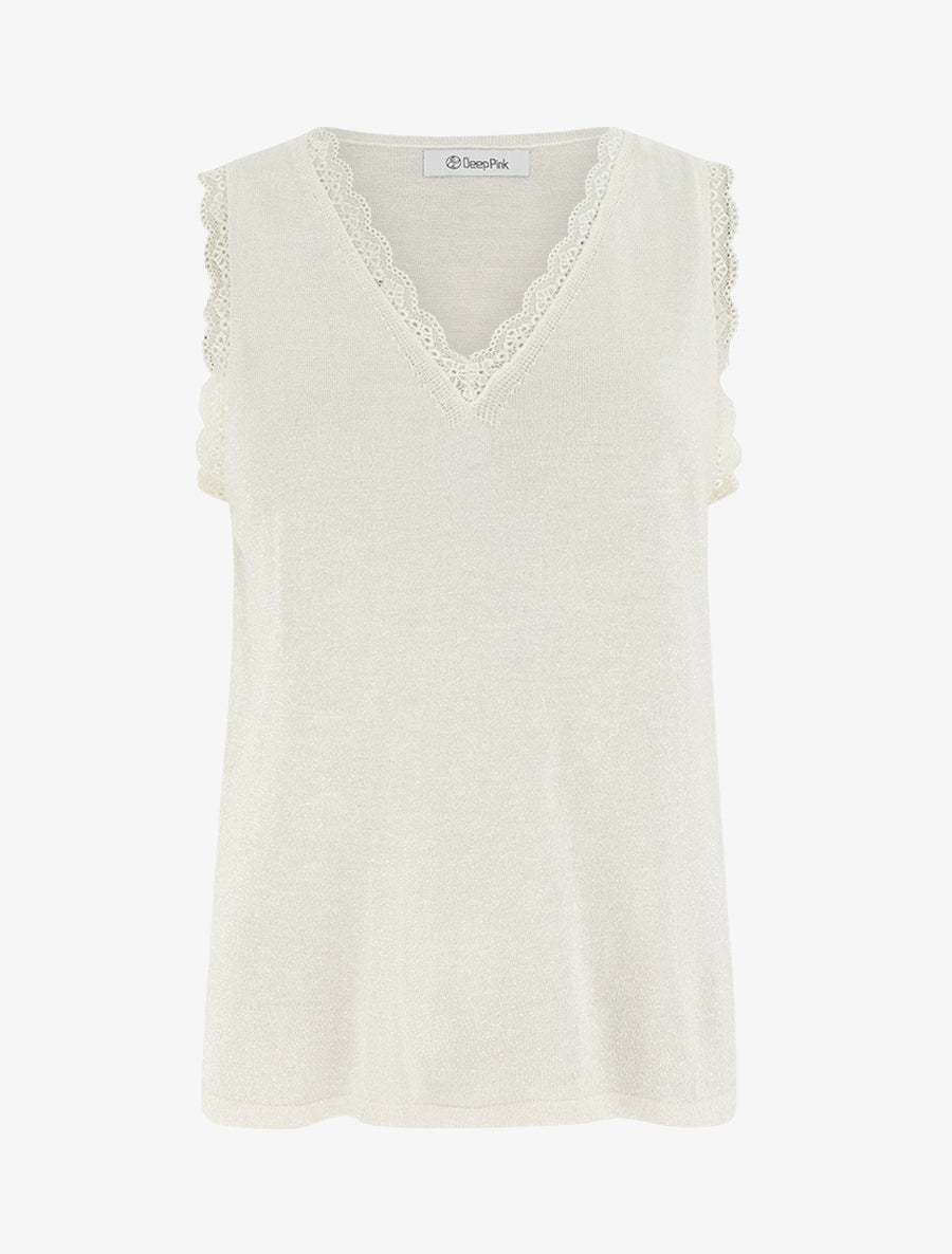 Débardeur irisé à col en dentelle - Beige - 1