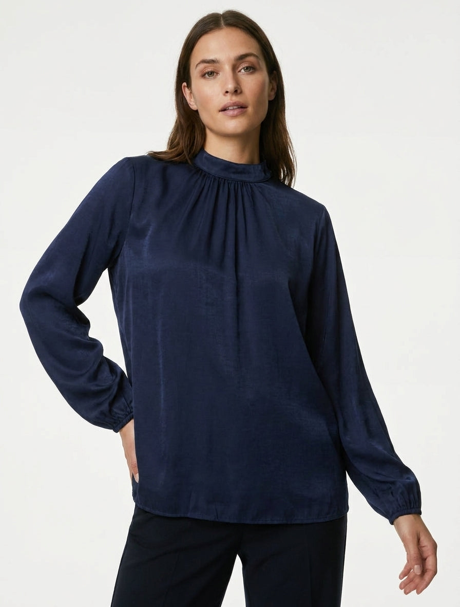 Blouse satinée à poignets élastiqués - Marine