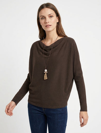 Pull fin à manches chauve-souris et col bénitier - Marron