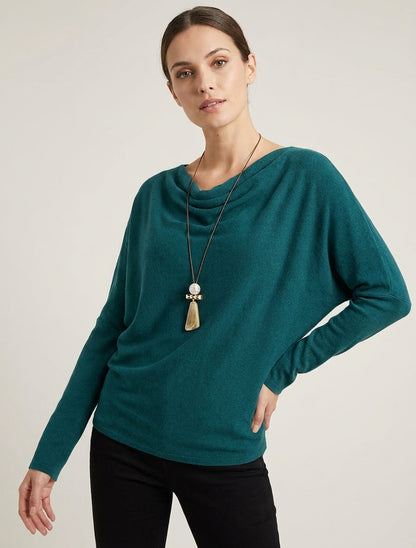 Pull fin à manches chauve-souris et col bénitier - Bleu canard