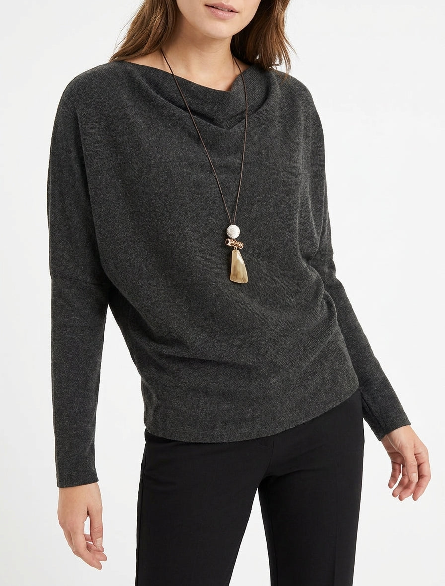 Pull fin à manches chauve-souris et col bénitier - Gris foncé