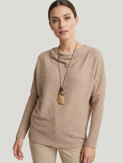Pull à col bénitier en maille motif rayé - Camel