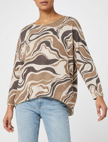 Pull fin imprimé abstrait à col rond - Beige