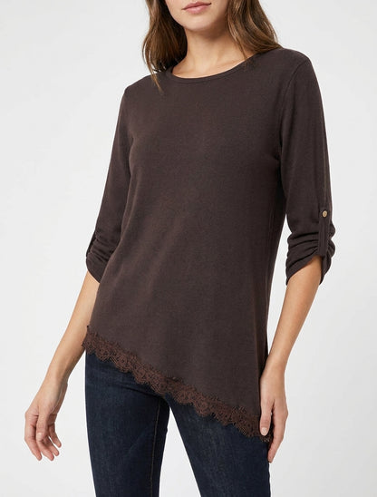Pull à bords asymétriques et dentelle - Marron