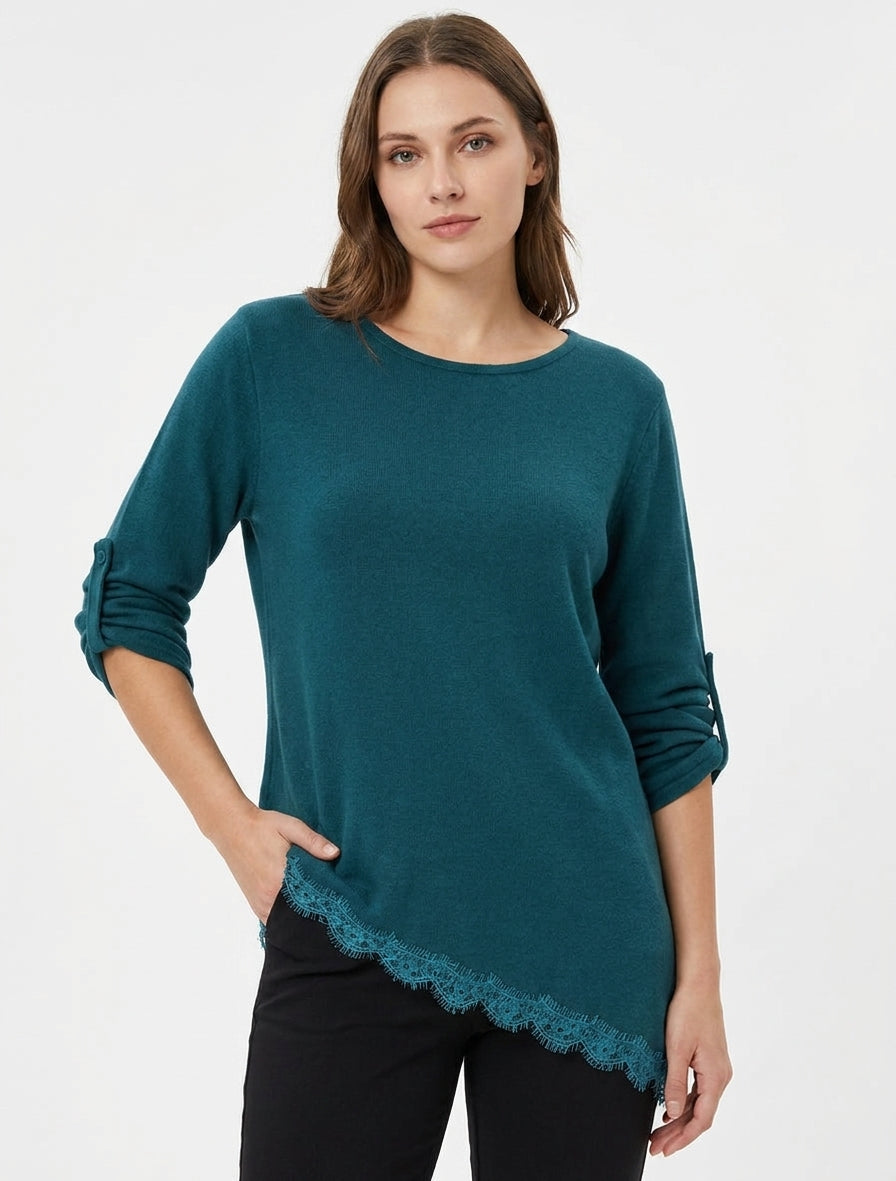 Pull à bords asymétriques et dentelle - Bleu canard