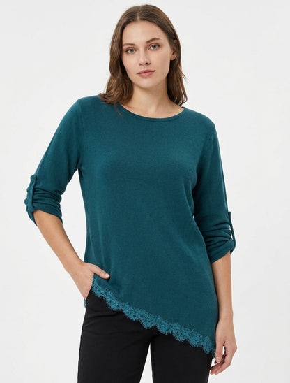 Pull à bords asymétriques et dentelle - Bleu canard