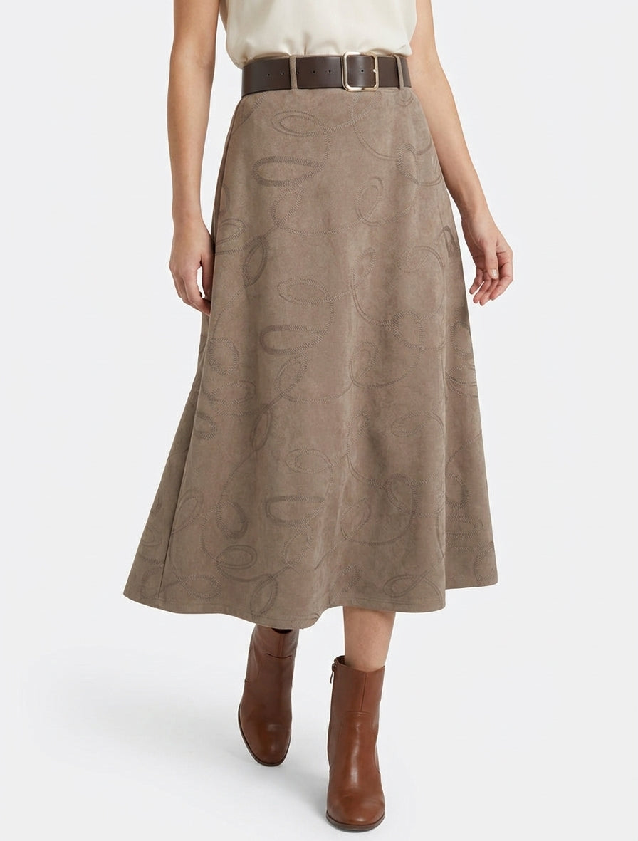 Jupe longue en suédine à broderies fantaisies - Taupe