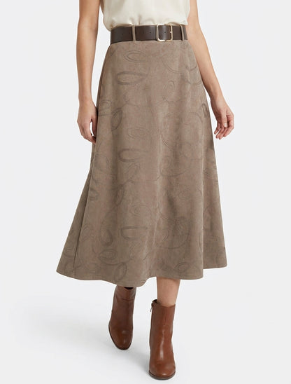 Jupe longue en suédine à broderies fantaisies - Taupe