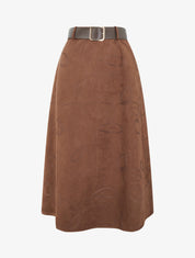 Jupe longue en suédine à broderies fantaisies - Marron - 1