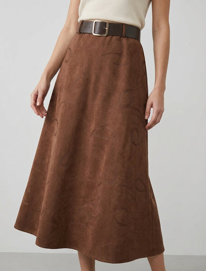 Jupe longue en suédine à broderies fantaisies - Marron