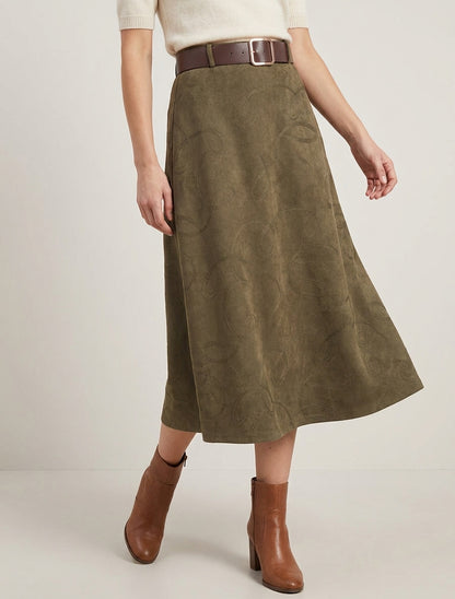 Jupe longue en suédine à broderies fantaisies - Kaki