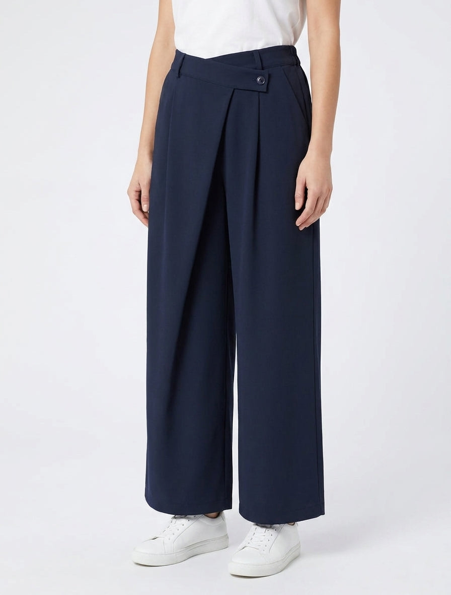 Pantalon uni droit à fermeture sur le côté - Marine