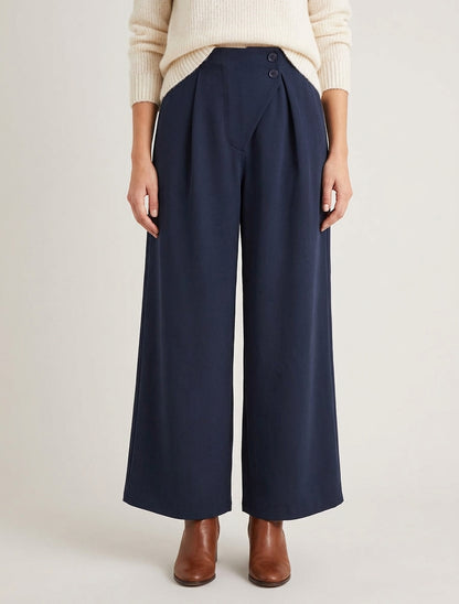 Pantalon uni à taille élastiquée - Marine