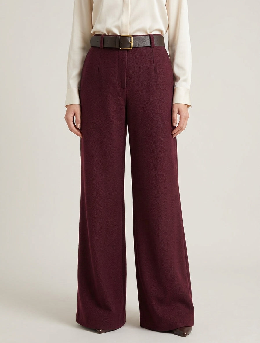 Pantalon ample en feutrine à taille haute - Lie de vin