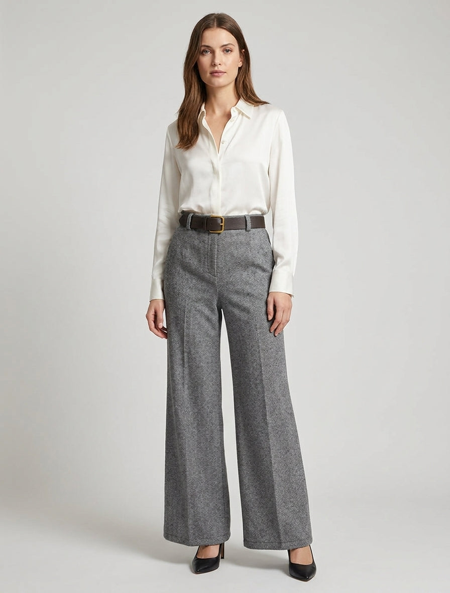 Pantalon ample en feutrine à taille haute - Gris