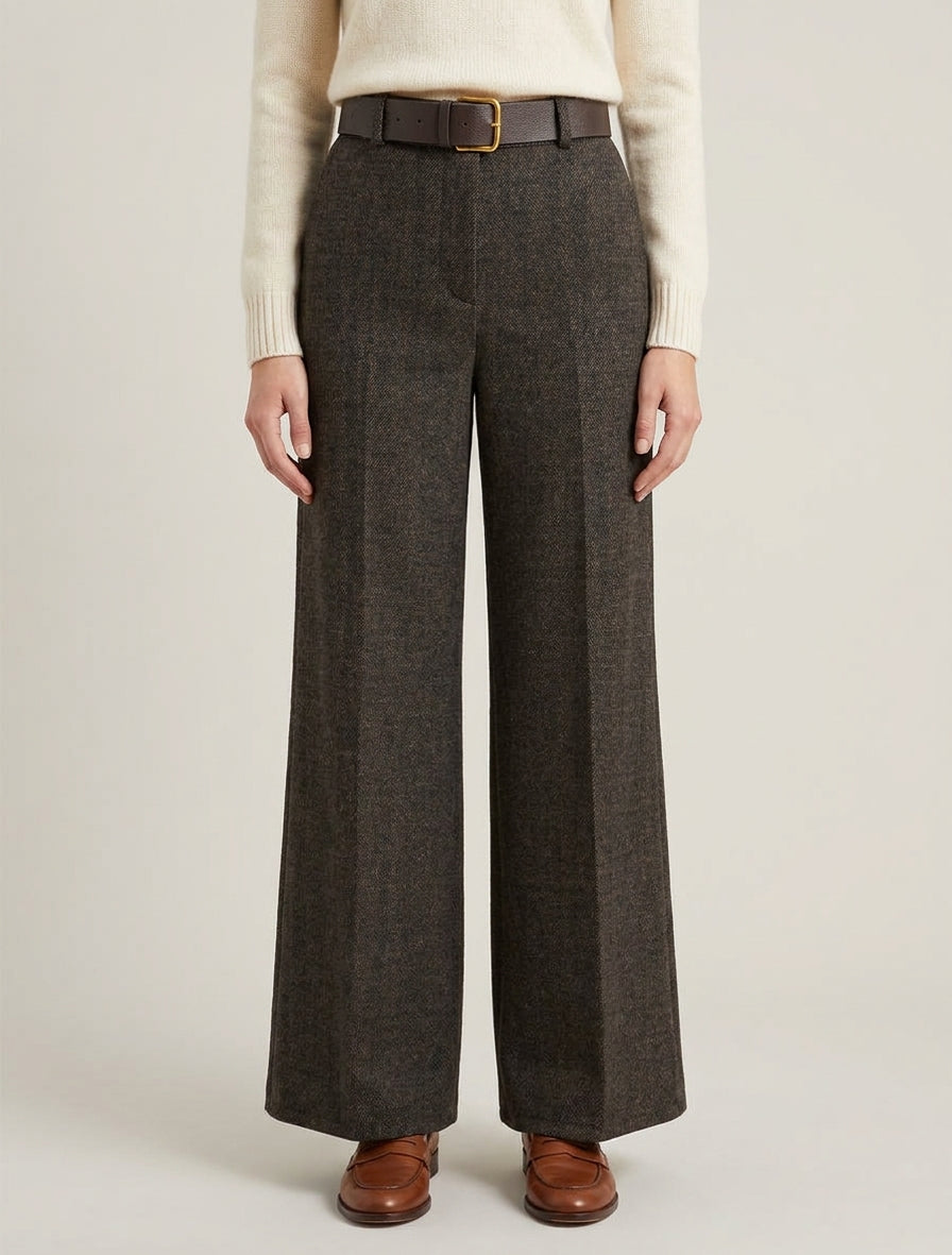 Pantalon taille haute en tissu style toile lainée - Noir