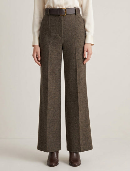 Pantalon taille haute en tissu style toile lainée - Taupe