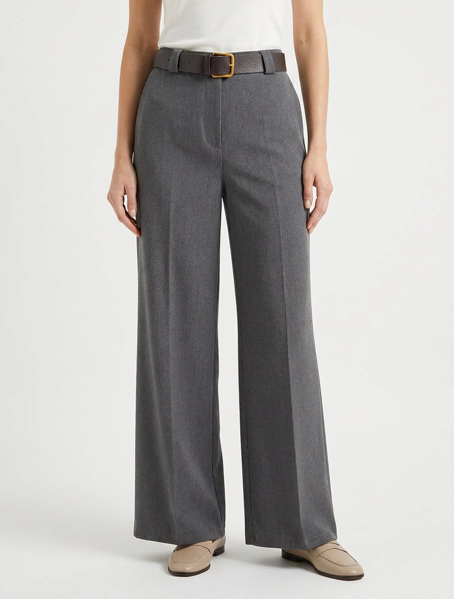 Pantalon ample uni à taille haute élastiquée - Gris foncé