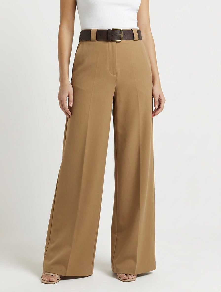 Pantalon ample uni à taille haute élastiquée - Camel
