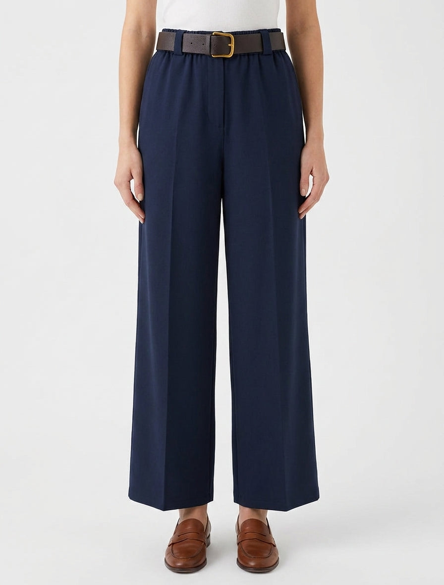 Pantalon ample uni à taille haute élastiquée - Marine