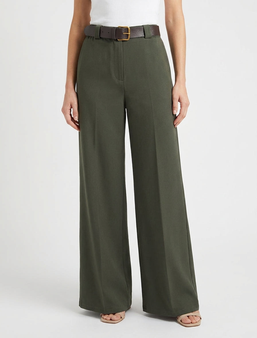 Pantalon ample uni à taille haute élastiquée - Kaki