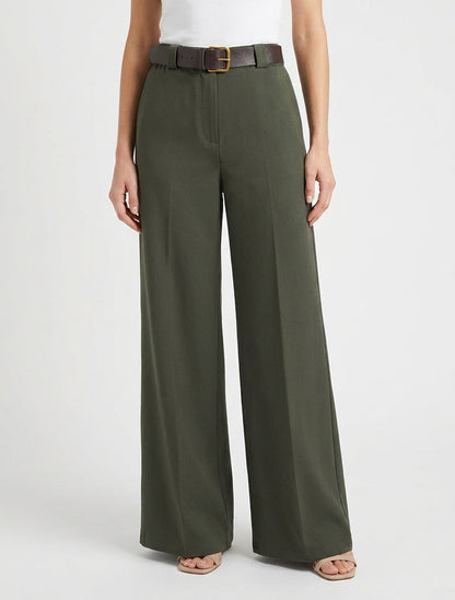 Pantalon ample uni à taille haute élastiquée - Kaki