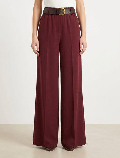 Pantalon ample uni à taille haute élastiquée - Bordeaux