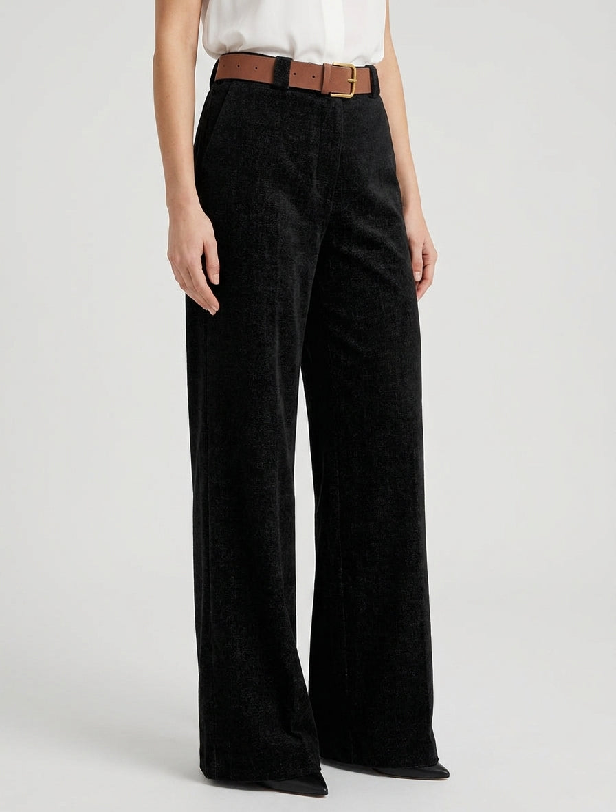 Pantalon élastiqué effet velours - Noir