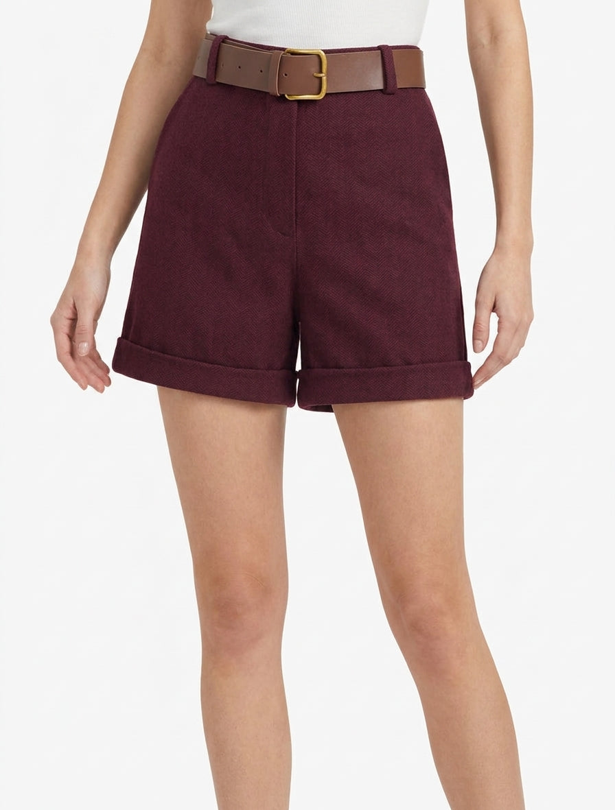 Short en feutrine à ceinture - Lie de vin