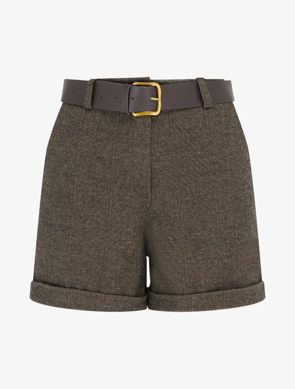 Short droit en feutrine à taille haute et ceinture - Taupe - 1
