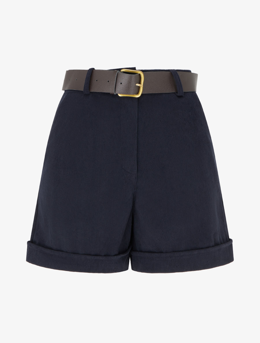 Short droit en velours côtelé taille haute - Marine - 1
