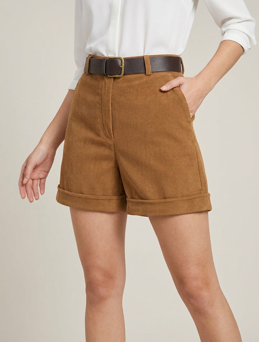 Short droit en velours côtelé taille haute - Camel
