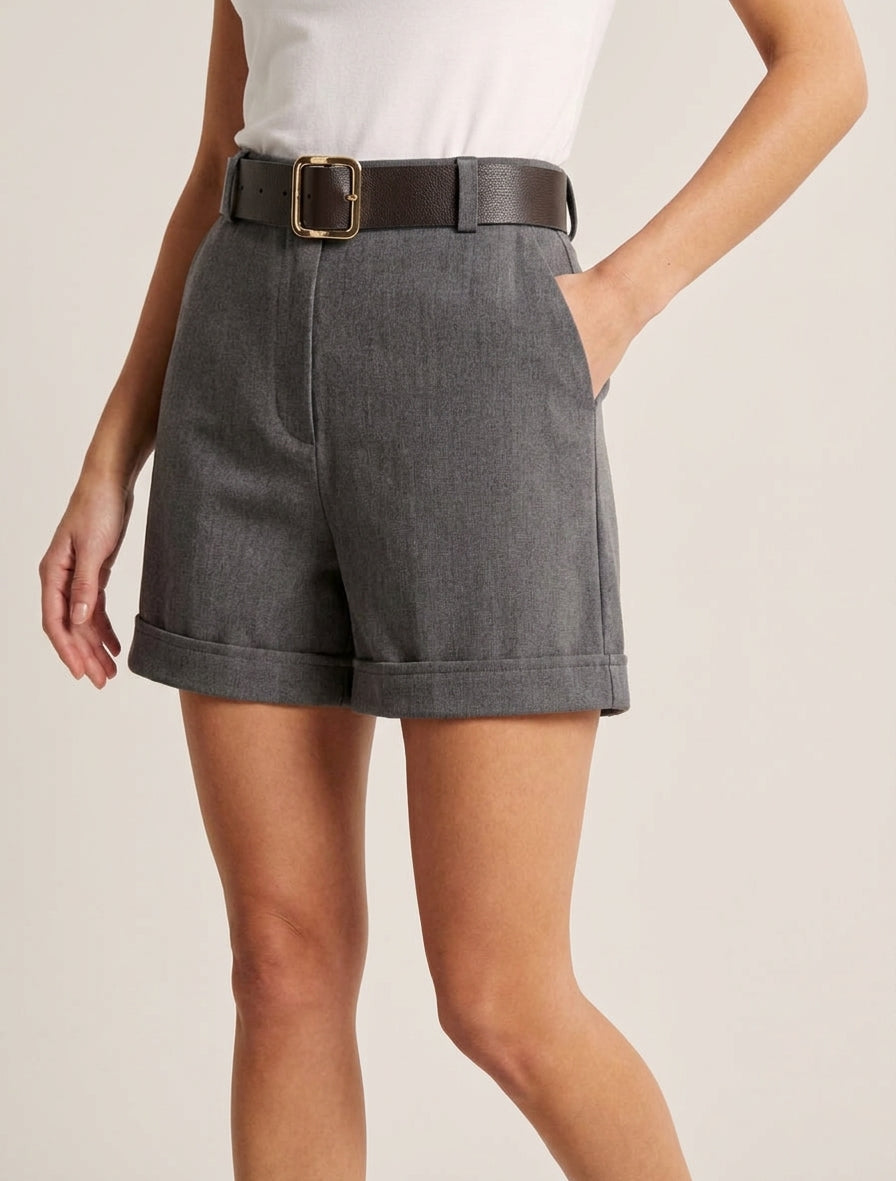 Short à revers ceinturé - Gris