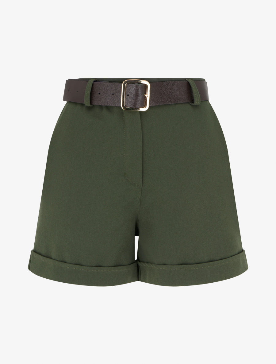 Short à revers ceinturé - Kaki - 1